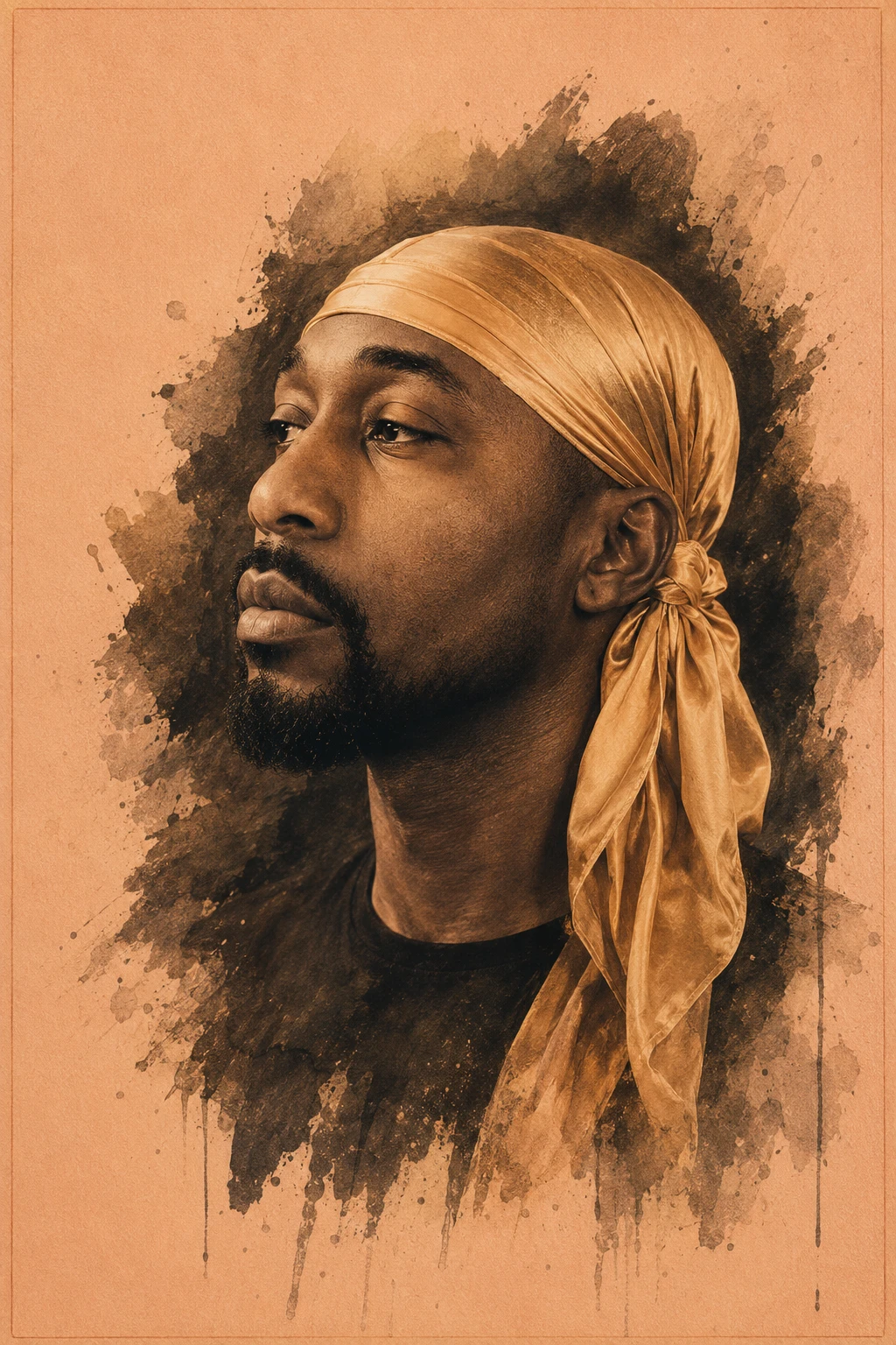 Archival portrait of TK — side profile wearing a gold durag, rendered in sepia ink-wash